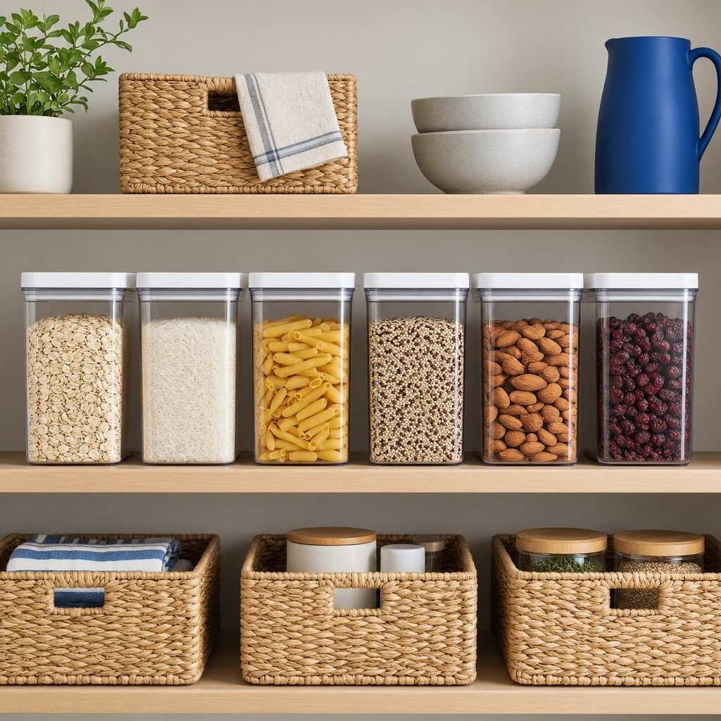 Pantry shelf with identical clear containers and baskets