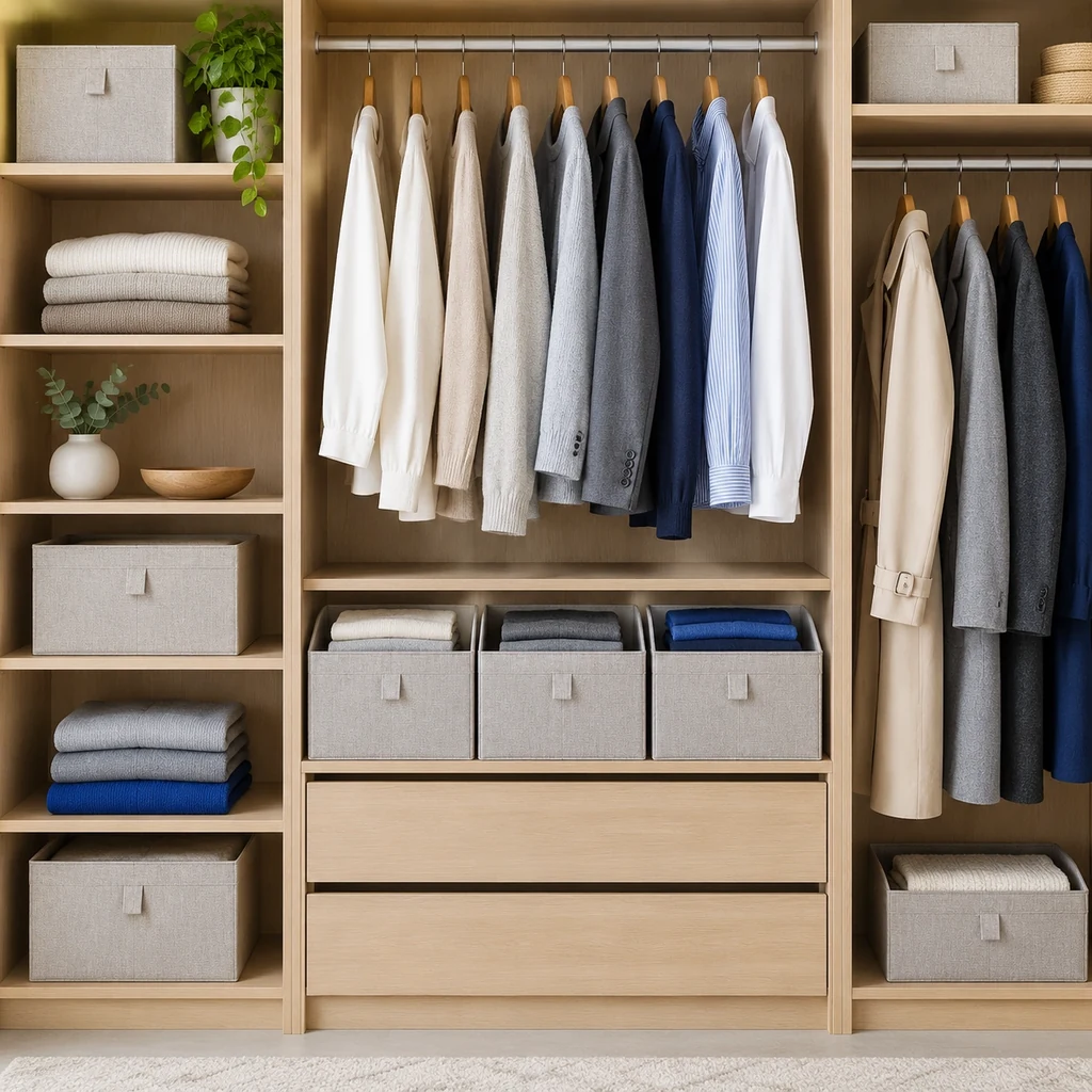 Organised wardrobe with folded clothes in matching fabric boxes