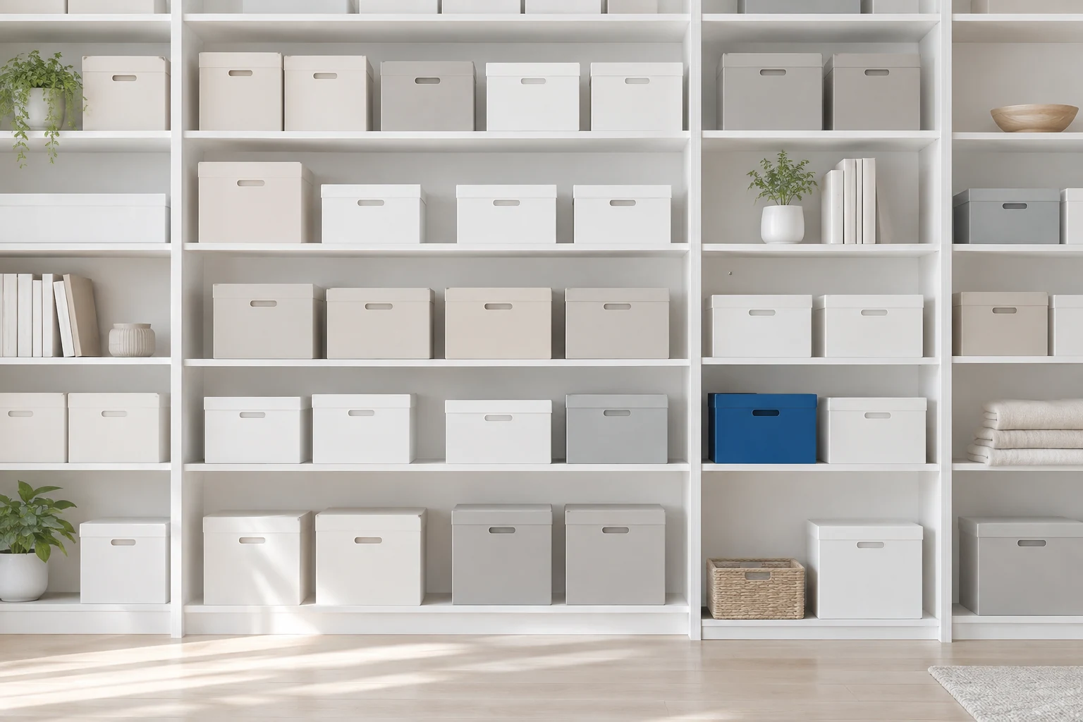 Wall of white modular shelving filled with matching boxes