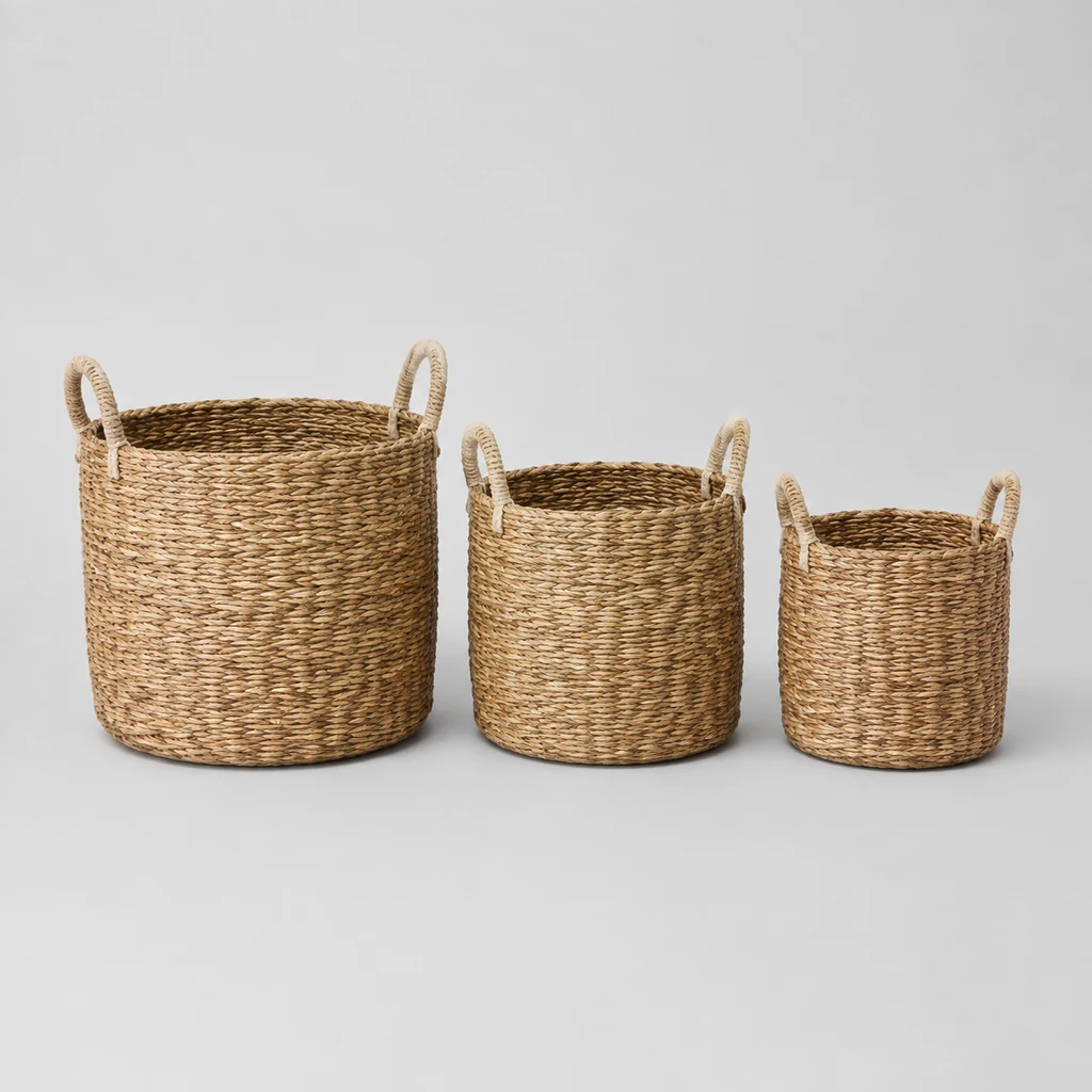 Set of three woven seagrass baskets with rope handles