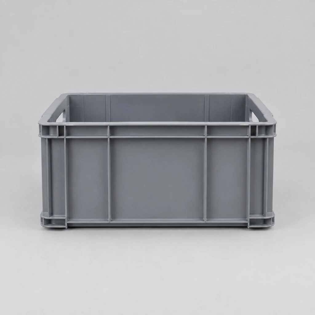 Heavy duty grey plastic storage crate with moulded handles