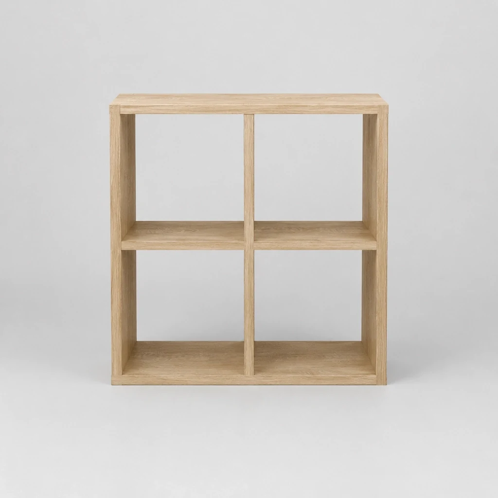 Four-hole cube shelving unit in light oak effect