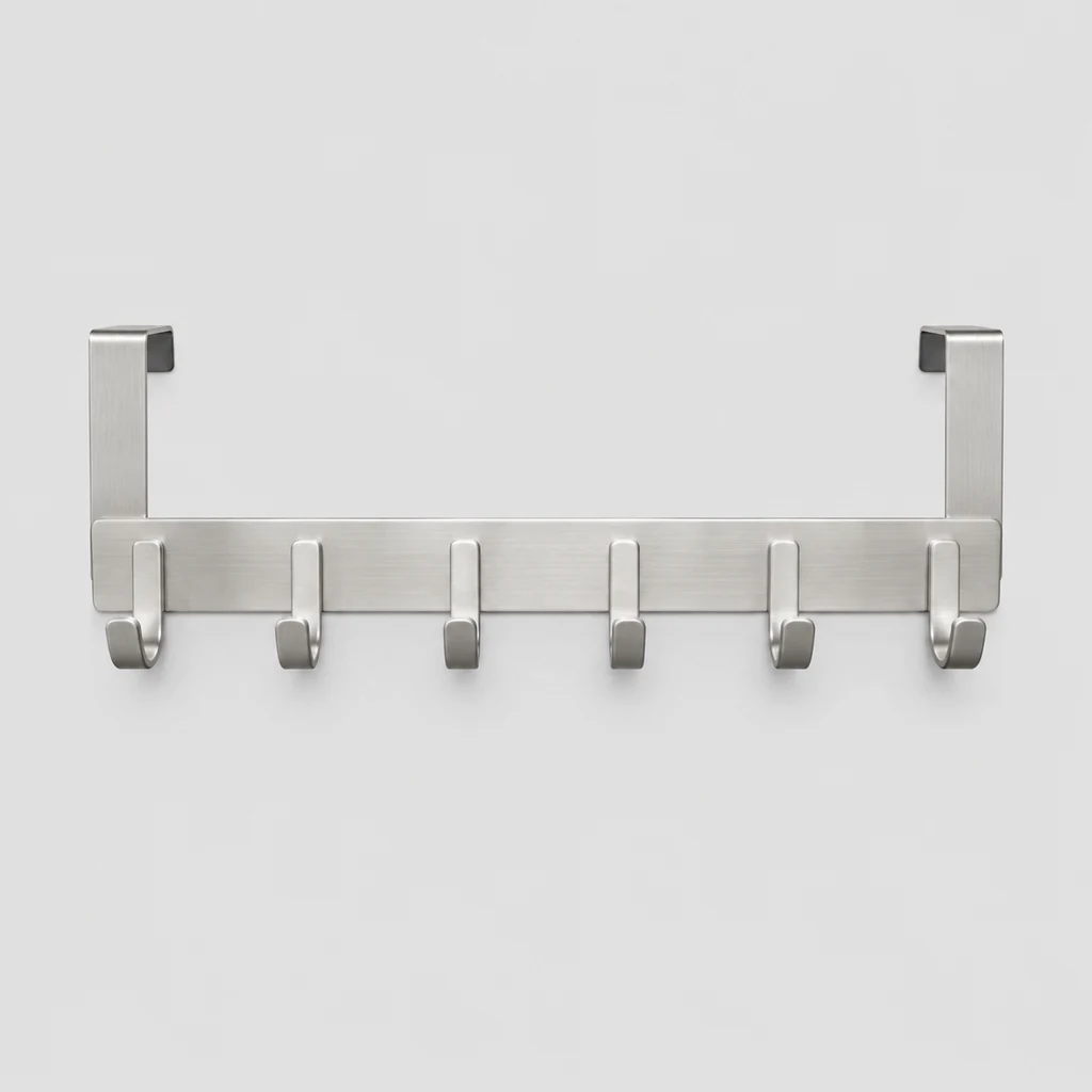 Over-door hook rail in brushed steel with six hooks