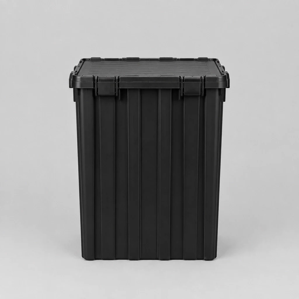 Tall black plastic loft storage crate with clip lid