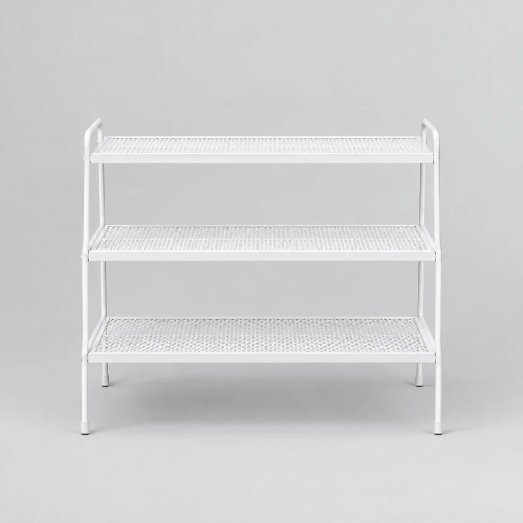 Three-tier white metal pantry shelf organiser