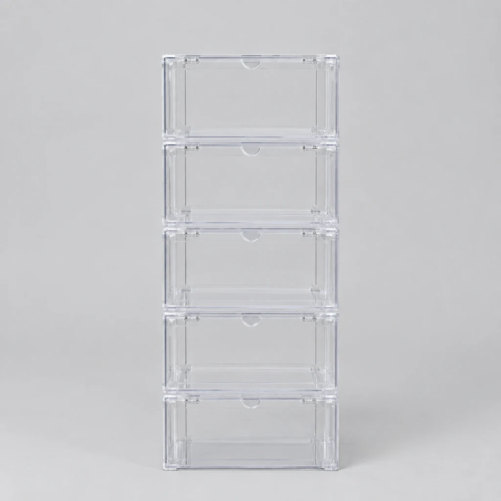 Stack of clear drop-front shoe storage boxes