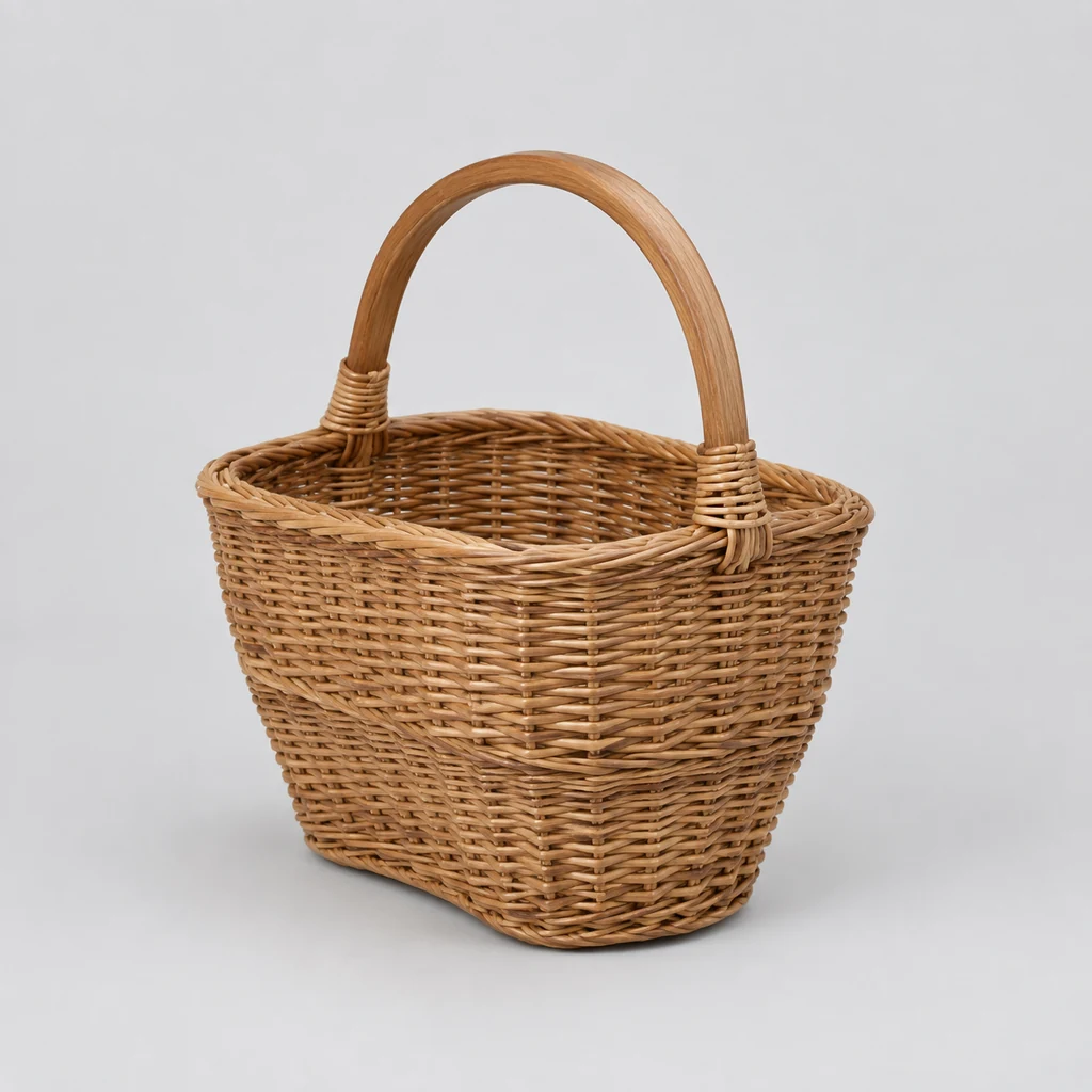 Woven stair basket with a curved oak handle