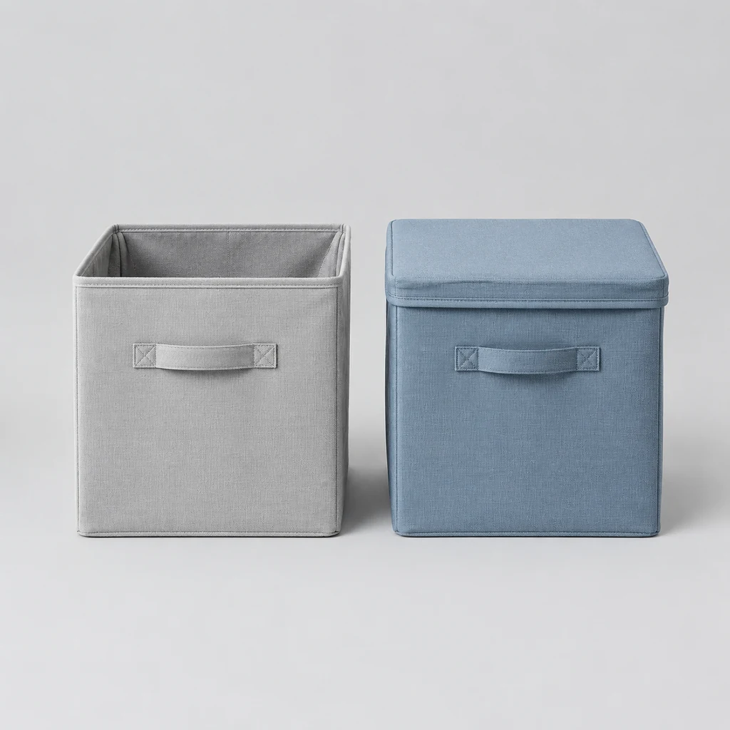 Two collapsible fabric storage cubes in grey and blue