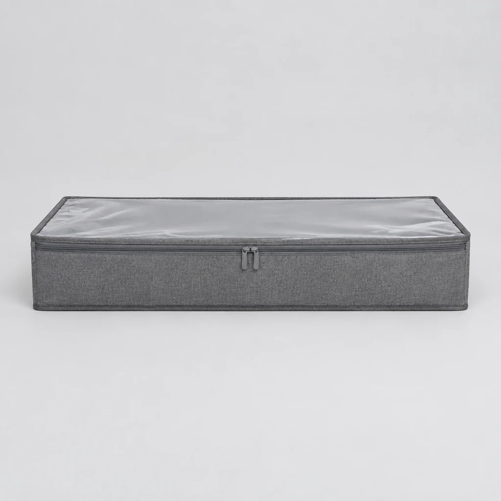 Grey under-bed storage case with clear top panel