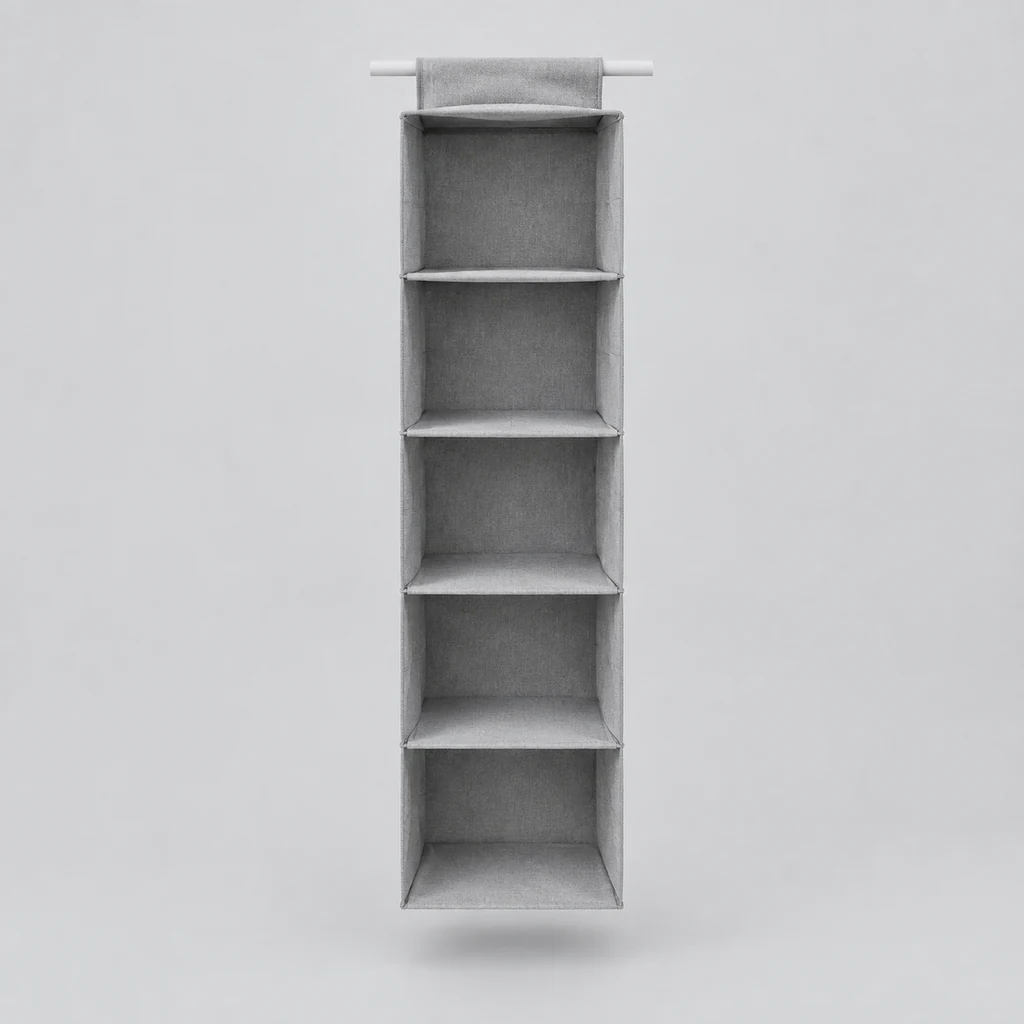 Hanging fabric wardrobe organiser with six compartments