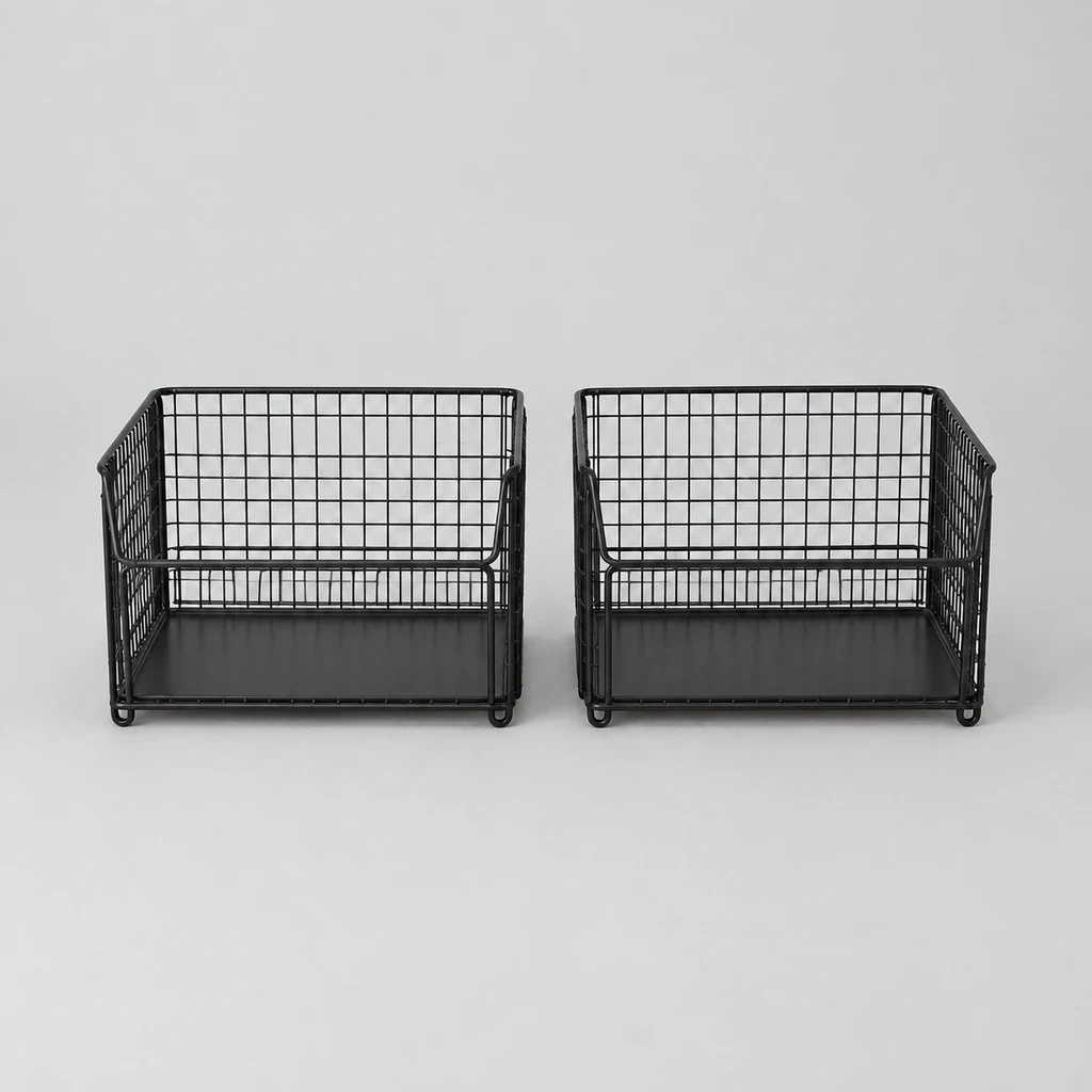 Two stackable black wire mesh pantry baskets