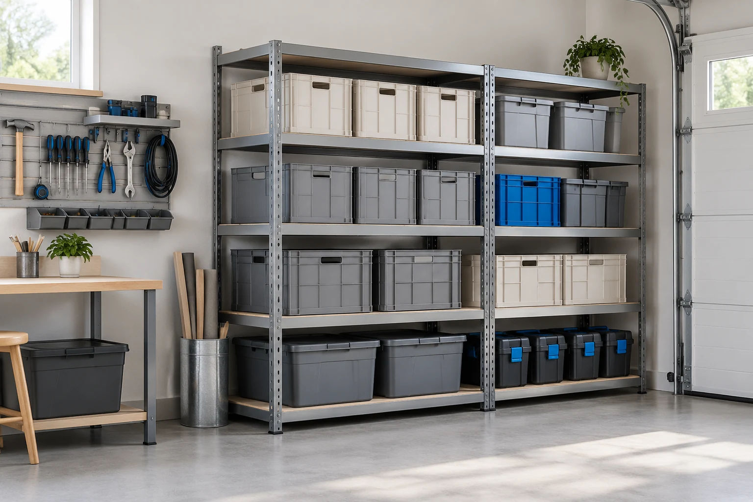Garage corner with steel shelving and uniform crates
