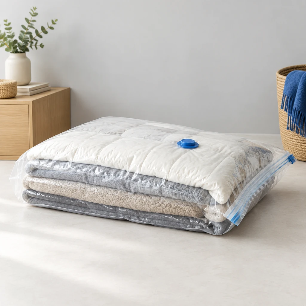 Sealed vacuum storage bag with compressed bedding